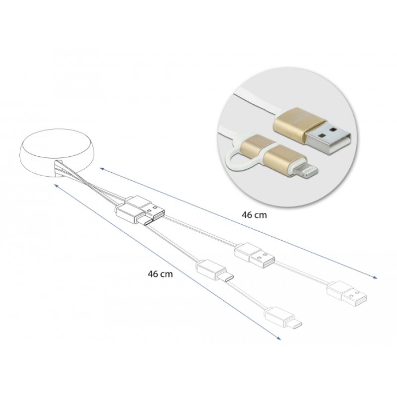 DeLOCK Câble rétractable USB 2 en 1 Type-A à Micro-B et Lightning blanc / doré