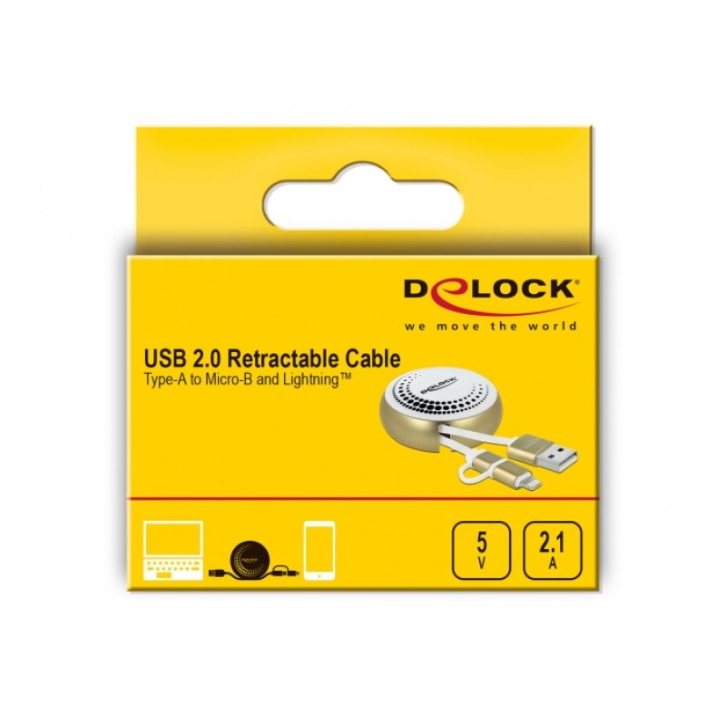 DeLOCK USB 2.0 2 in 1 Retractable Cable Type-A to Micro-B and Lightning™ white / gold