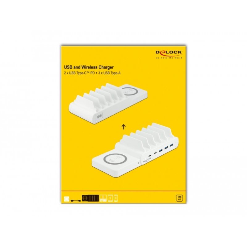 DeLOCK USB and Wireless Charger 2 x USB Type-C PD 3 x USB Type-A with 110 W