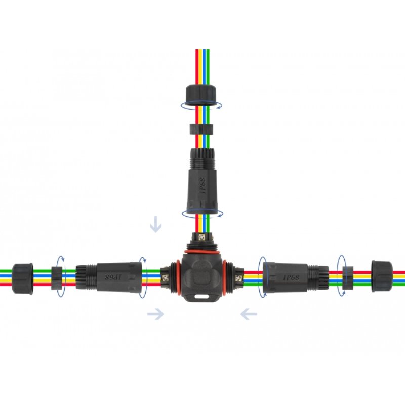 Delock Kabelverbinder T-Form für Außenbereich 4 Pin, IP68 wasserdicht, schraubbar, Kabeldurchmesser 4,5 - 7,5 mm
