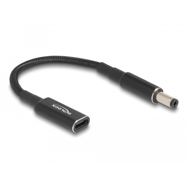 DeLOCK Câble adaptateur pour un câble de chargement de laptop USB Type-C femelle à 5,5 x 2,1 mm mâle, 15 cm
