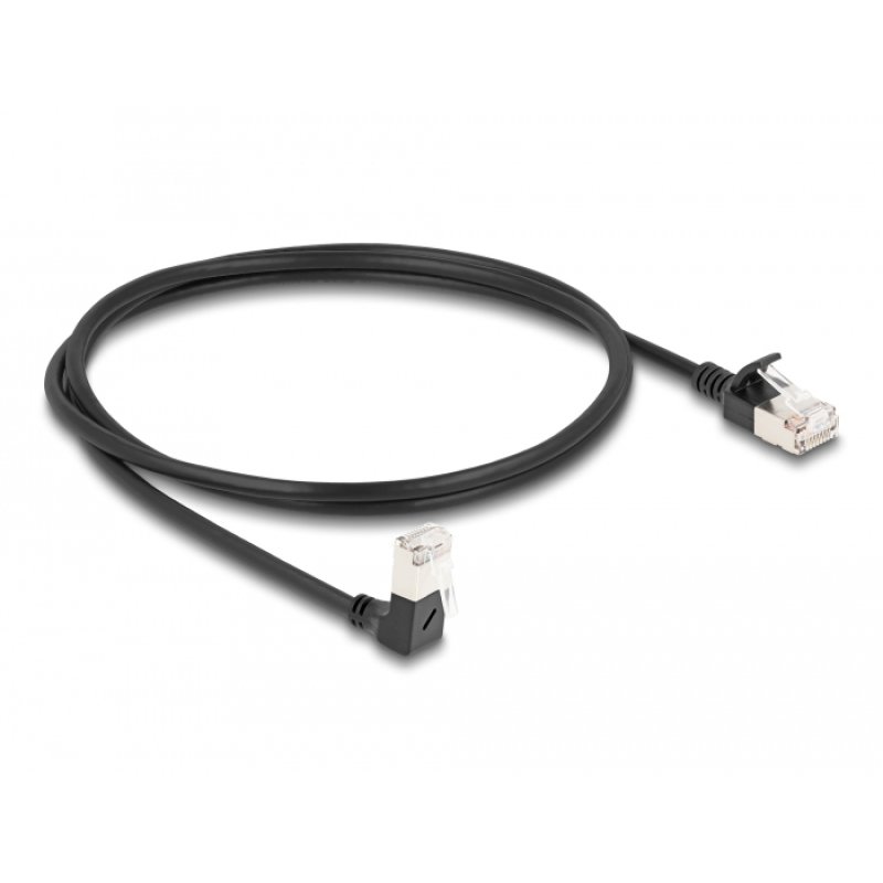 Delock RJ45 Netzwerkkabel Cat.6A S/FTP Slim 90° unten gewinkelt / gerade 1 m schwarz