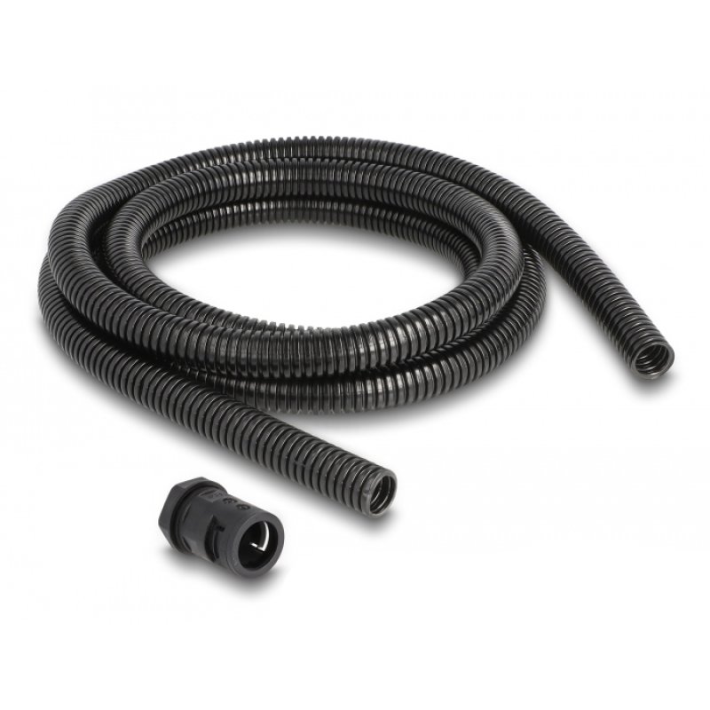 DeLOCK Manchon de protection de câble 2 m x 15,8 mm avec set de raccord de conduite PG11, noir