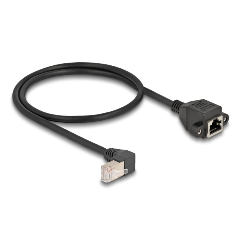 Delock Netzwerk Verlängerungskabel S/FTP RJ45 Stecker 90° gewinkelt zu RJ45 Einbaubuchse Cat.6A 0,5 m schwarz