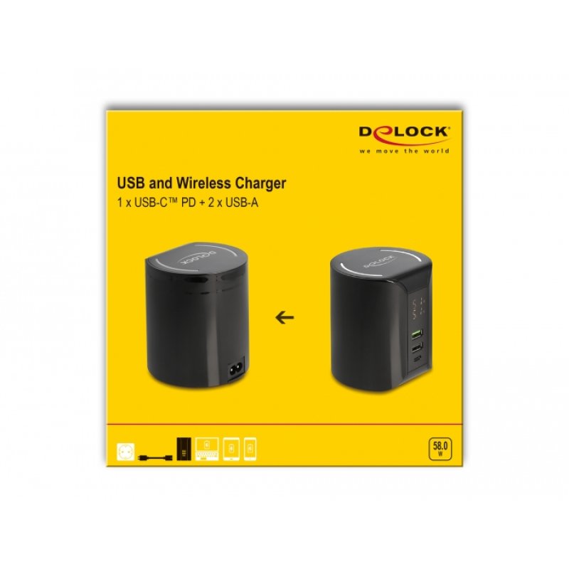 Delock USB und kabelloses Ladegerät 1 x USB Type-C™ PD 2 x USB Typ-A mit 58 W