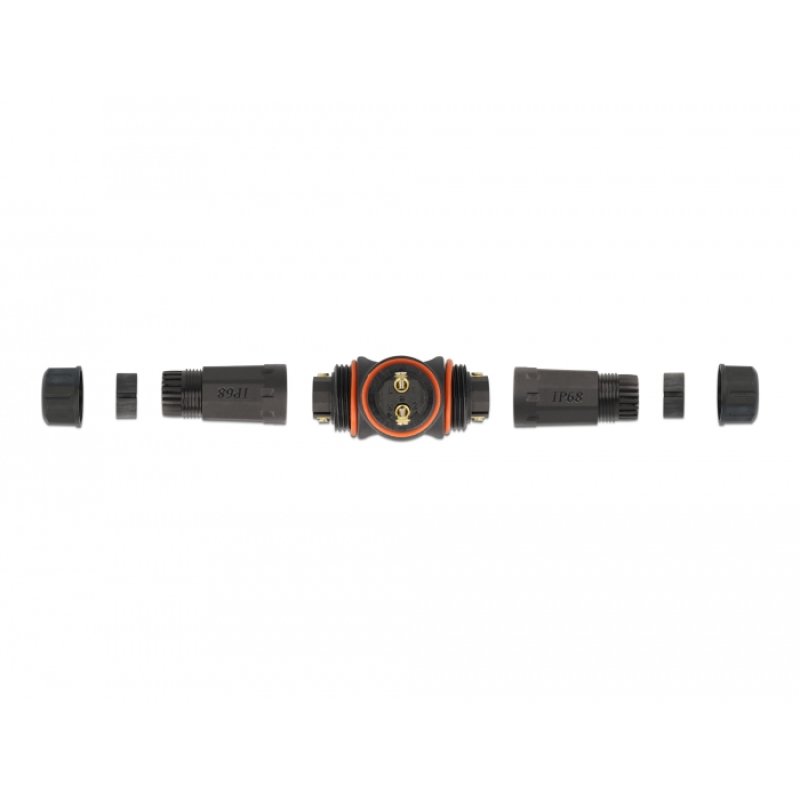 DeLOCK Cable connector T-shape for outdoor 2 pin, IP68 waterproof, screwable, cable diameter 4.5 - 7.5 mm black