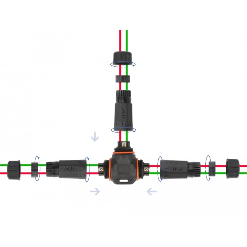 DeLOCK Cable connector T-shape for outdoor 2 pin, IP68 waterproof, screwable, cable diameter 4.5 - 7.5 mm black
