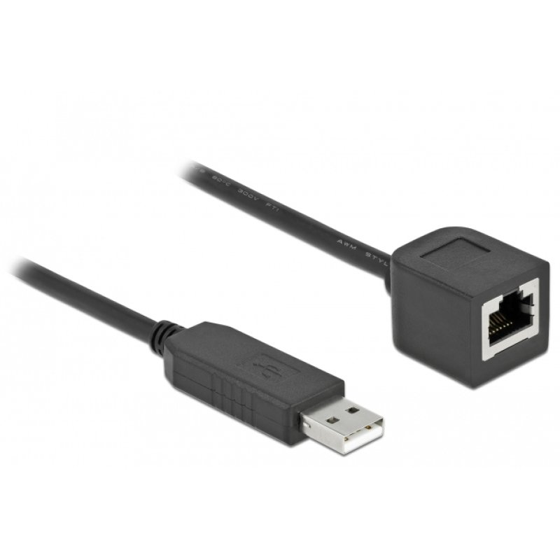 Delock Serielles Anschlusskabel mit FTDI Chipsatz, USB 2.0 Typ-A Stecker zu RS-232 RJ45 Buchse 25 cm schwarz
