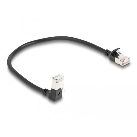 Delock RJ45 Netzwerkkabel Cat.6A S/FTP Slim 90° unten gewinkelt / gerade 0,25 m schwarz