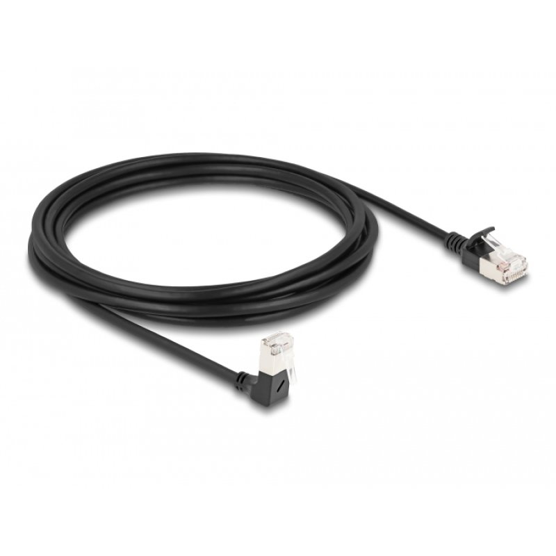 Delock RJ45 Netzwerkkabel Cat.6A S/FTP Slim 90° unten gewinkelt / gerade 3 m schwarz