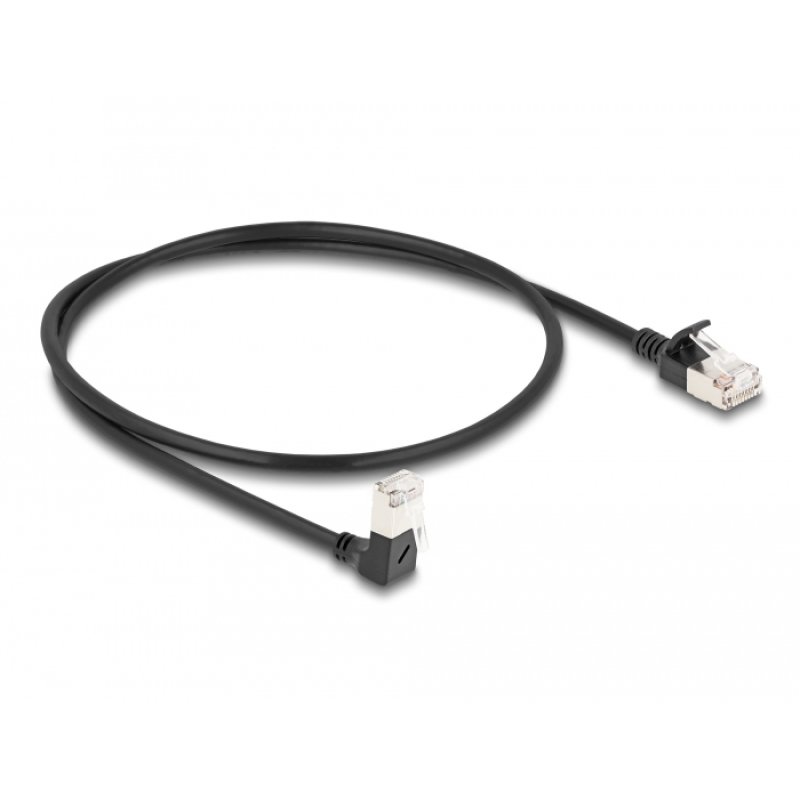 DeLOCK RJ45 câble de réseau Cat.6A S/FTP, fin, coudé 90° bas / droit, 0,5 m, noir