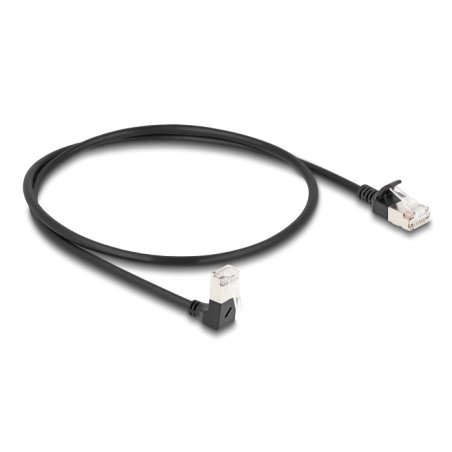 DeLOCK RJ45 câble de réseau Cat.6A S/FTP, fin, coudé 90° bas / droit, 0,5 m, noir
