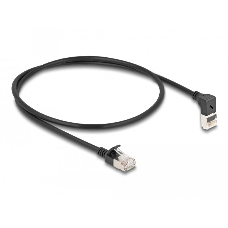 Delock RJ45 Netzwerkkabel Cat.6A S/FTP Slim 90° oben gewinkelt / gerade 0,5 m schwarz