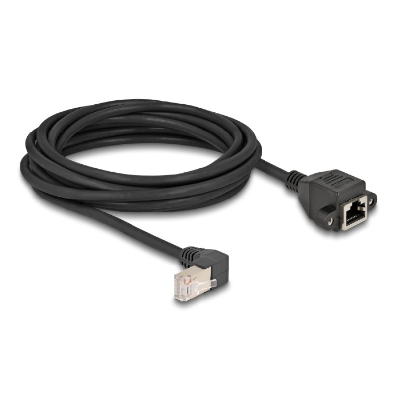 DeLOCK Câble de rallonge de réseau S/FTP RJ45 mâle, angulé 90°, à RJ45 intégré femelle Cat.6A, 5 m, noir