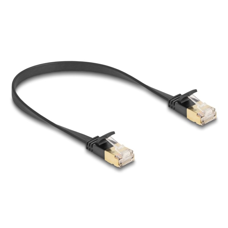 Delock RJ45 Netzwerkkabel Cat.6A Stecker zu Stecker mit robuster Rastnase und Cat.7 Rohflachbandkabel U/FTP 0,3 m