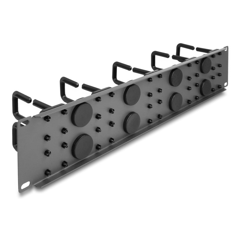 DeLOCK 19″ Cable Management Routing Panel with 8 rubber cable entries and 10 hooks 2U dark grey