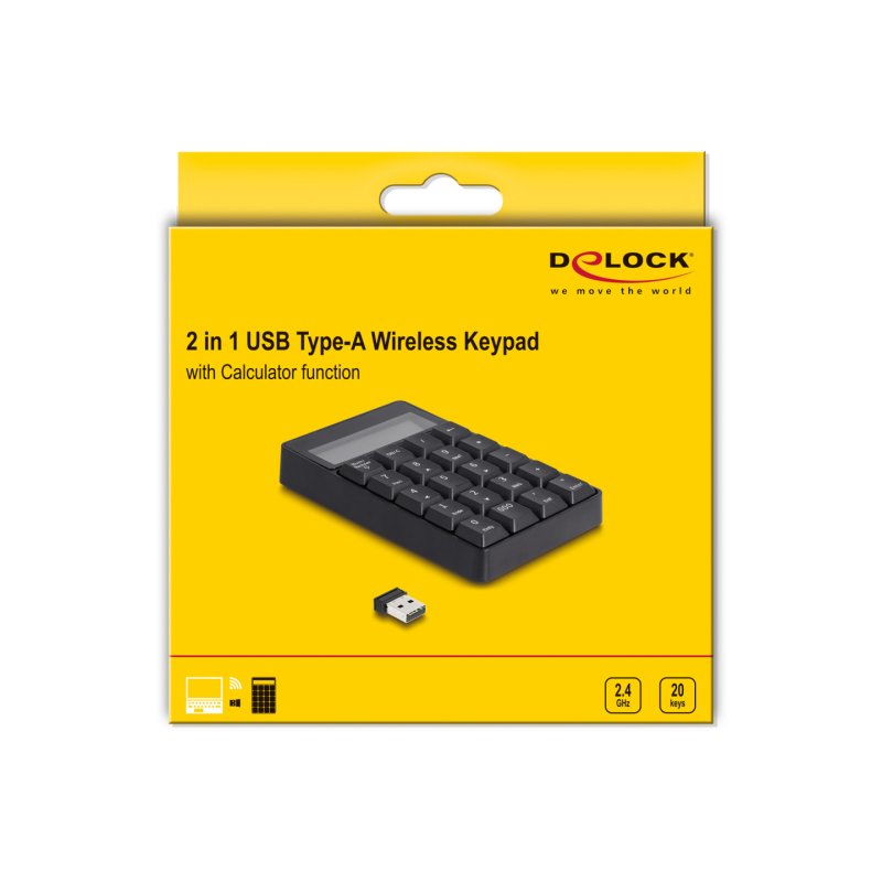 Delock 2 in 1 USB Typ-A Nummernblock mit Taschenrechner Funktion 2,4 GHz kabellos schwarz