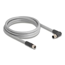 Delock M12 Kabel L-kodiert 5 Pin Stecker rechts gewinkelt zu Buchse gerade PUR schleppkettentauglich 2 m grau