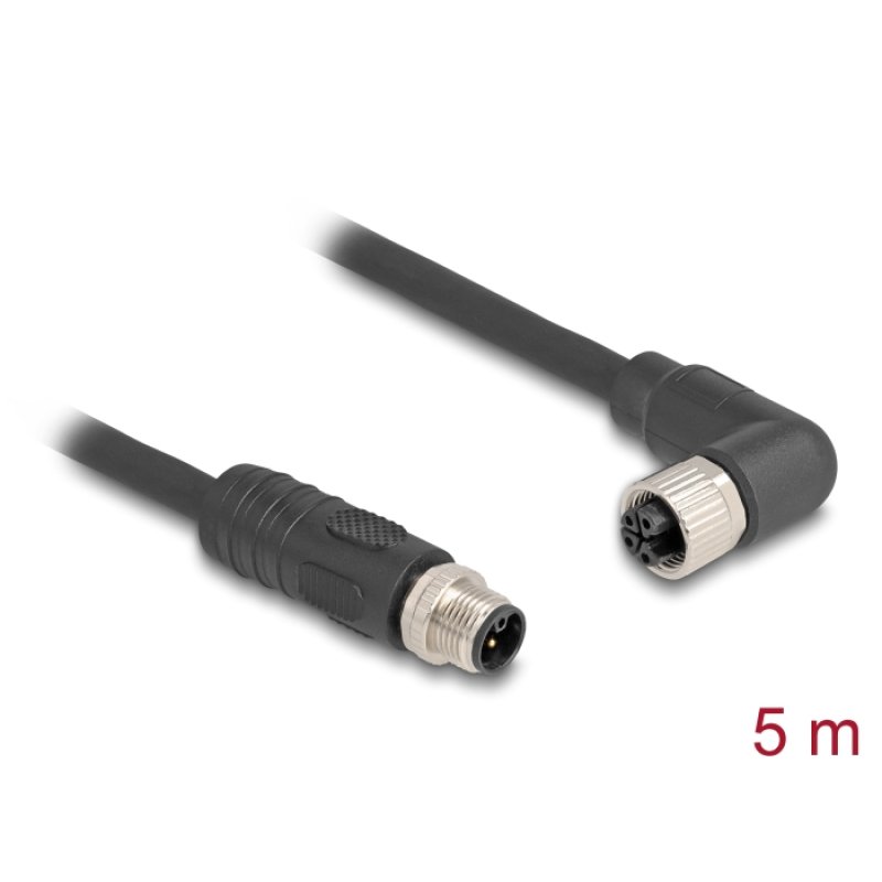 Delock M12 Kabel L-kodiert 4 Pin Stecker gerade zu Buchse rechts gewinkelt PUR schleppkettentauglich 5 m schwarz