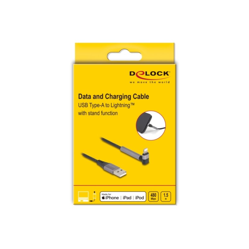 Delock Daten- und Ladekabel USB Typ-A zu Lightning™ für iPhone™, iPad™, iPod™ gewinkelt mit Ständerfunktion