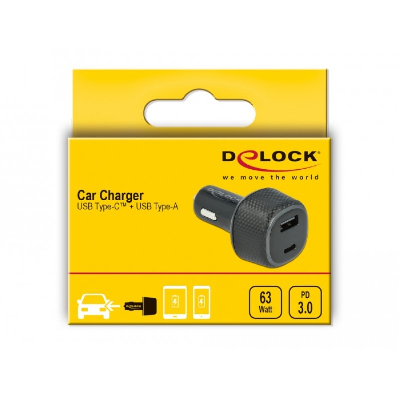 DeLOCK Car charger USB Type-C PD 3.0 and USB Type-A with 63 W