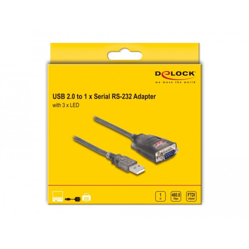 Delock Adapter USB 2.0 Typ-A zu 1 x Seriell RS-232 D-Sub 9 Pin Stecker mit Muttern mit 3 x LED 1 m