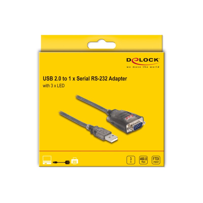 DeLOCK Adaptateur USB 2.0 Type-A vers 1 x Serial RS-232 D-Sub 9 broches mâles avec écrous muni de 3 LED, 3 m