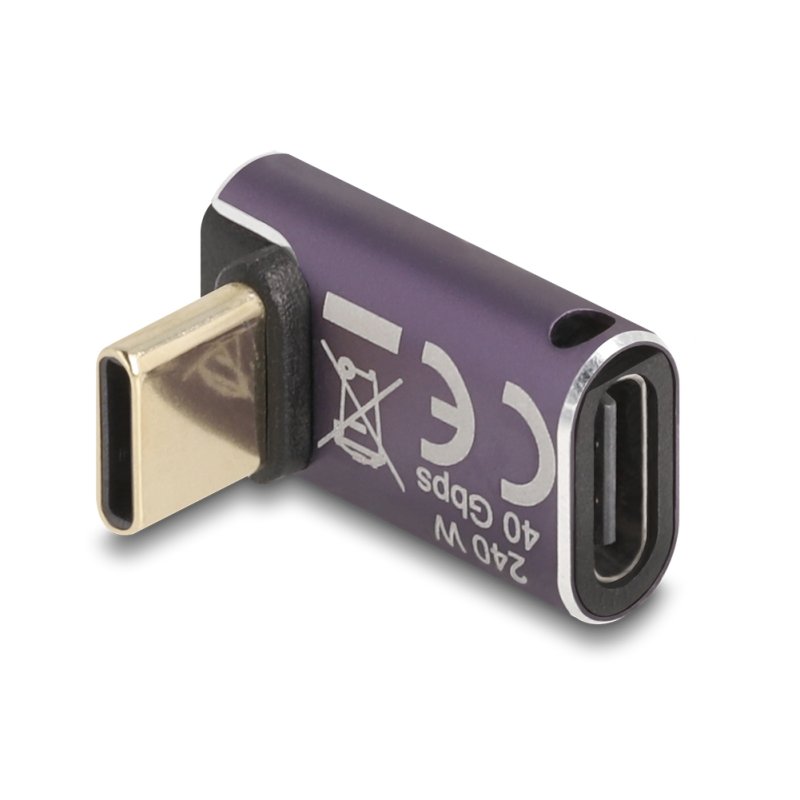 Delock USB Adapter 40 Gbps USB Type-C™ PD 3.1 240 W Stecker zu Buchse gewinkelt 8K 60 Hz Metall