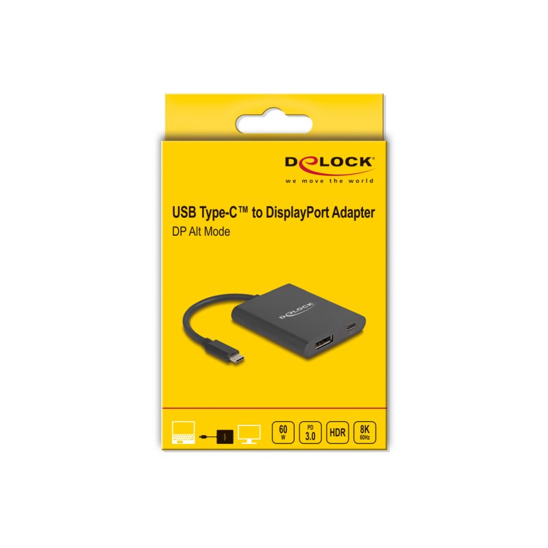 DeLOCK Adaptateur USB Type-C vers DisplayPort (DP Alt Mode) 8K avec HDR et Power Delivery 60 W