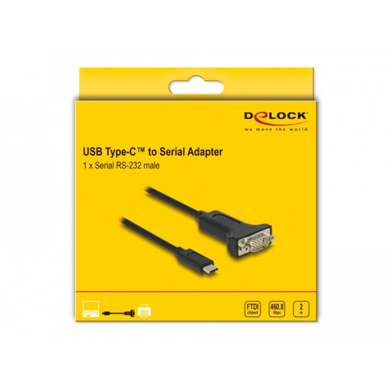 Delock Adapter USB Type-C™ zu 1 x Seriell RS-232 D-Sub 9 Pin Stecker mit Muttern 2 m