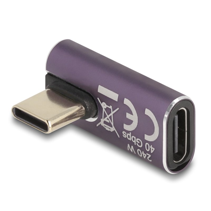 Delock USB Adapter 40 Gbps USB Type-C™ PD 3.1 240 W Stecker zu Buchse gedreht gewinkelt links / rechts 8K 60 Hz Metall