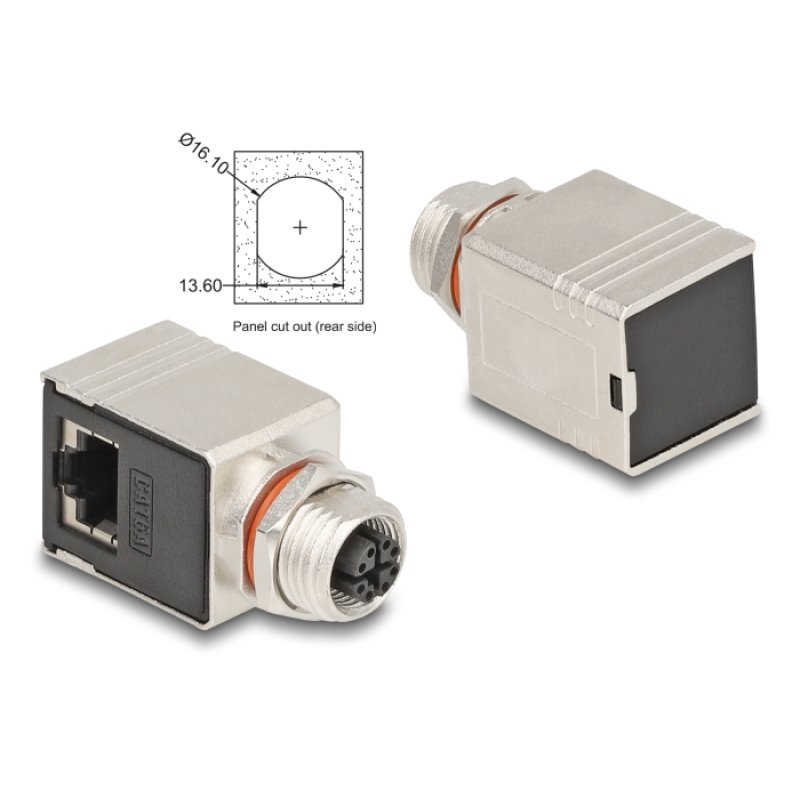 Delock M12 Adapter X-kodiert 8 Pin Buchse zu RJ45 Buchse Cat.6A STP geschirmt 90° gewinkelt