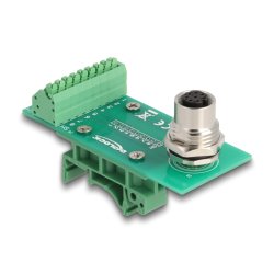 DeLOCK Adaptateur de module de transfert M12, 8 broches femelles codées A vers bornier 9 broches pour rail DIN