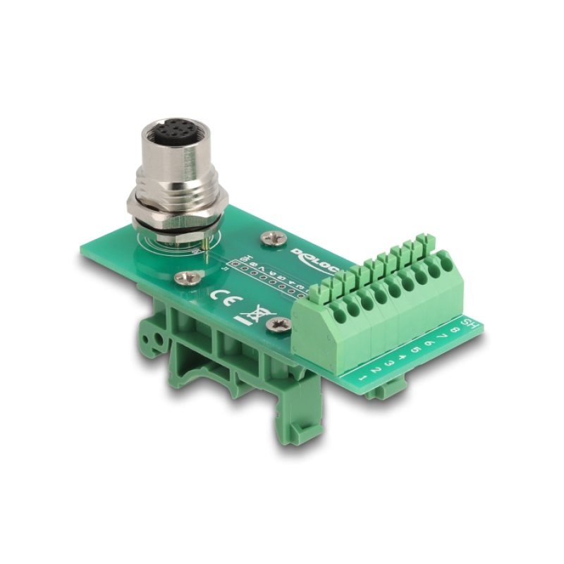 DeLOCK Adaptateur de module de transfert M12, 8 broches femelles codées A vers bornier 9 broches pour rail DIN