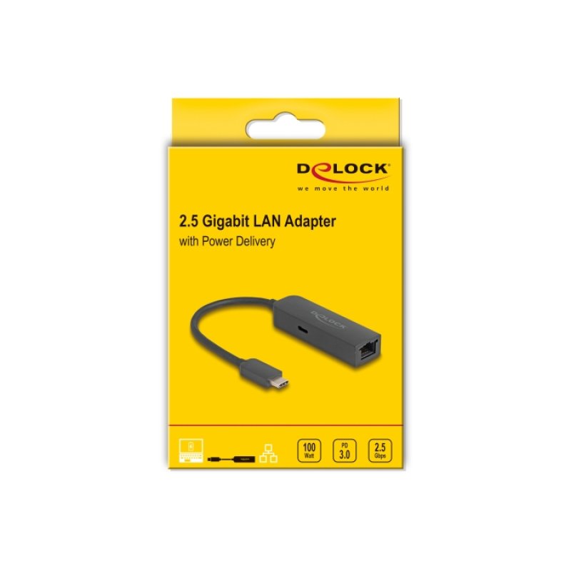 DeLOCK Adaptateur USB Type-C à LAN 2,5 Gigabit avec Power Delivery 100 watt