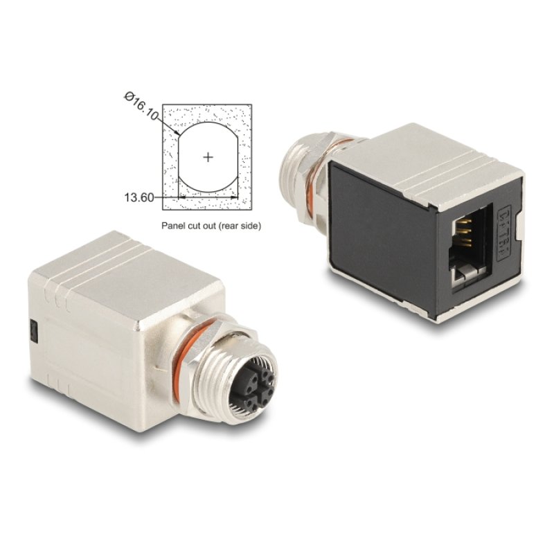 Delock M12 Adapter X-kodiert 8 Pin Buchse zu RJ45 Buchse Cat.6A STP geschirmt gerade