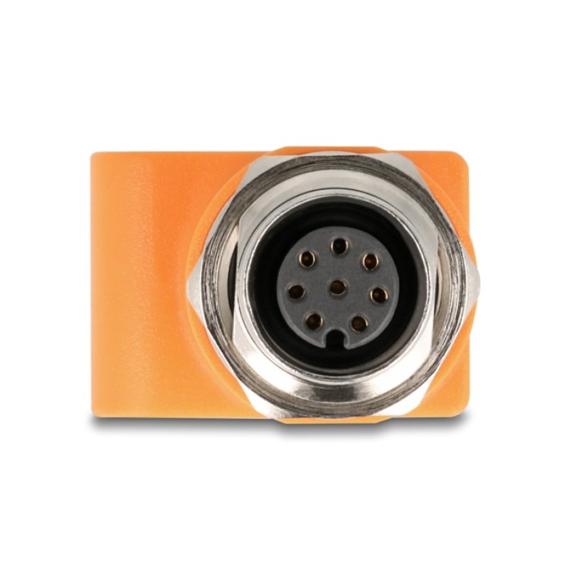 Delock M12 Adapter A-kodiert 8 Pin Buchse zu RJ45 Buchse Cat.5e mit Befestigungsloch gerade orange