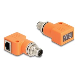 Delock M12 Adapter A-kodiert 8 Pin Stecker zu RJ45 Buchse Cat.5e mit Befestigungsloch 90° gewinkelt orange