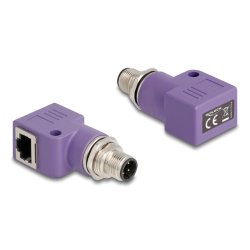 Delock M12 Adapter D-kodiert 4 Pin Stecker zu RJ45 Buchse Cat.5e mit Befestigungsloch 90° gewinkelt violett