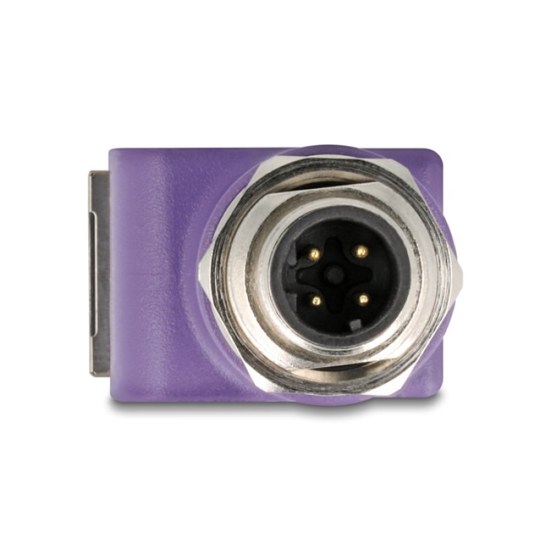 Delock M12 Adapter D-kodiert 4 Pin Stecker zu RJ45 Buchse Cat.5e mit Befestigungsloch 90° gewinkelt violett