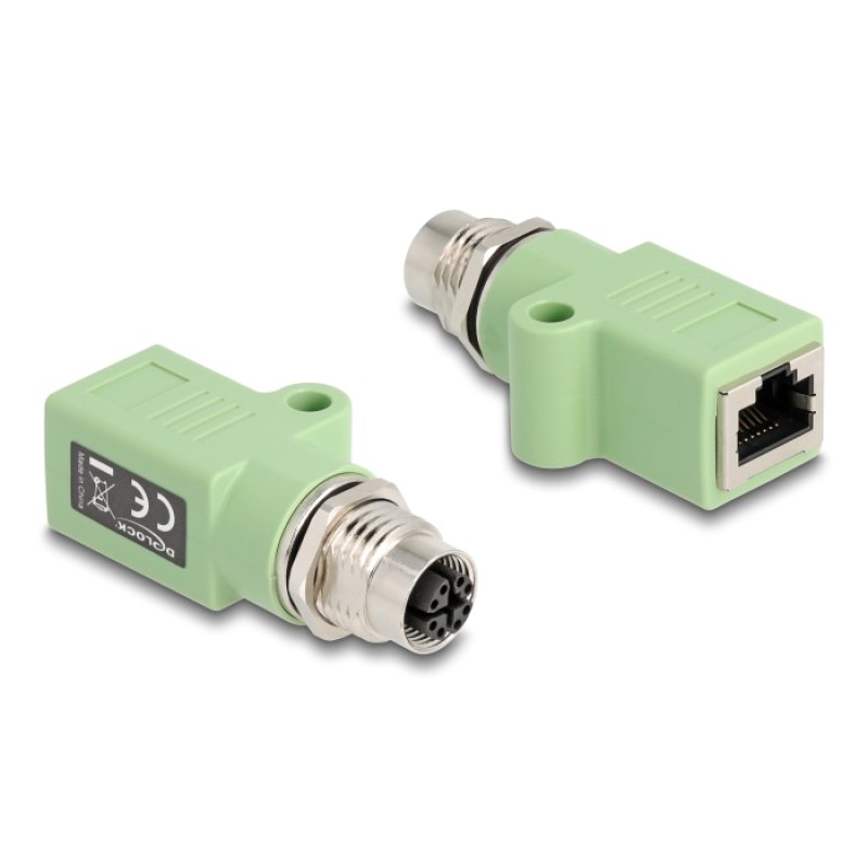 Delock M12 Adapter X-kodiert 8 Pin Buchse zu RJ45 Buchse Cat.5e mit Befestigungsloch gerade grün