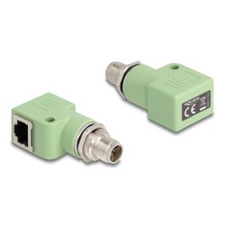 Delock M12 Adapter X-kodiert 8 Pin Stecker zu RJ45 Buchse Cat.5e mit Befestigungsloch 90° gewinkelt grün