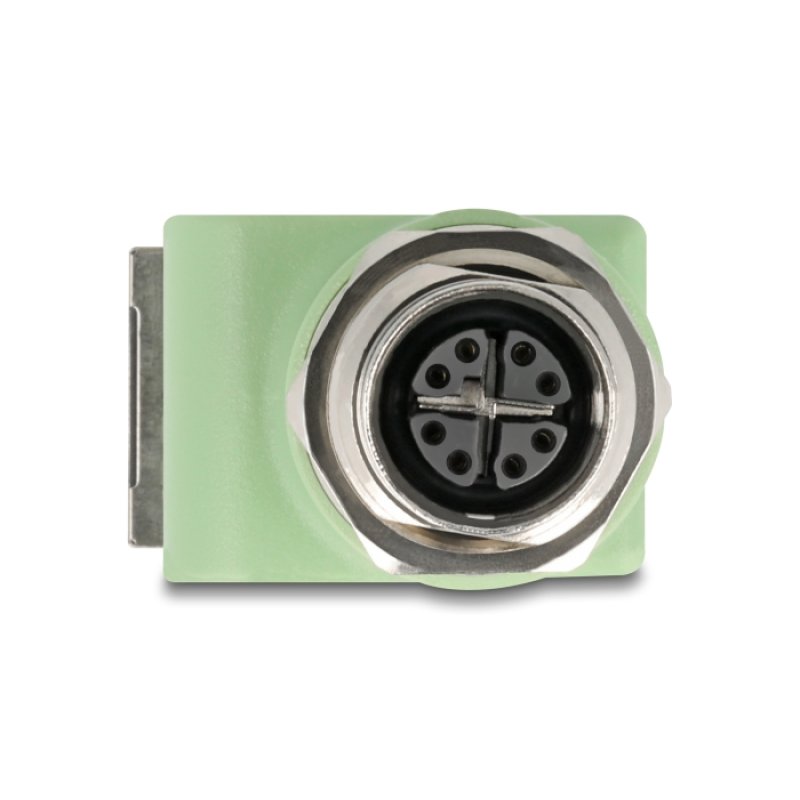 Delock M12 Adapter X-kodiert 8 Pin Buchse zu RJ45 Buchse Cat.5e mit Befestigungsloch 90° gewinkelt grün