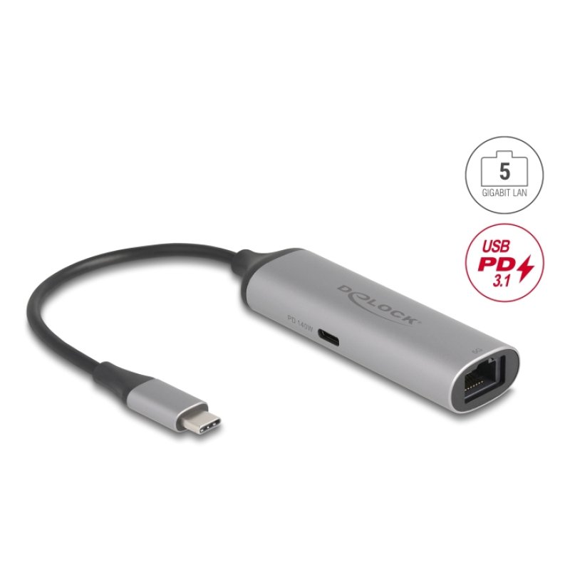 Delock USB Type-C™ Netzwerk Adapter 5 Gigabit LAN 1 x RJ45 mit Power Delivery PD 3.1 140 Watt