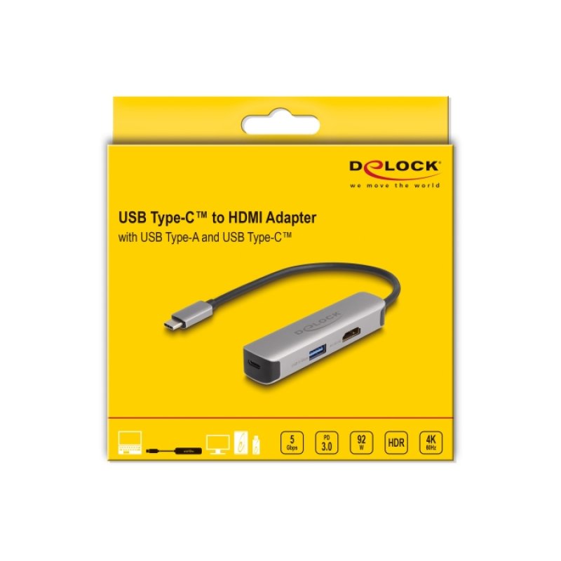 DeLOCK USB Type-C Adapter to HDMI 4K 60 Hz with USB Type-A and USB Type-C Data PD 92 W