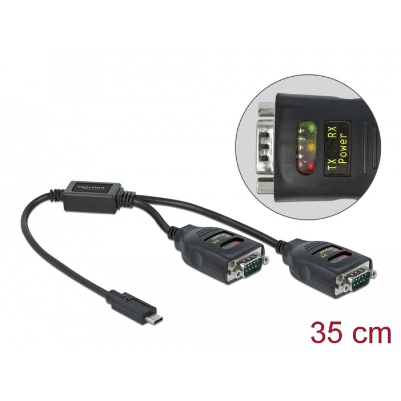 Delock Adapter USB Type-C™ zu 2 x Seriell RS-232 DB9 mit 15 kV ESD Schutz
