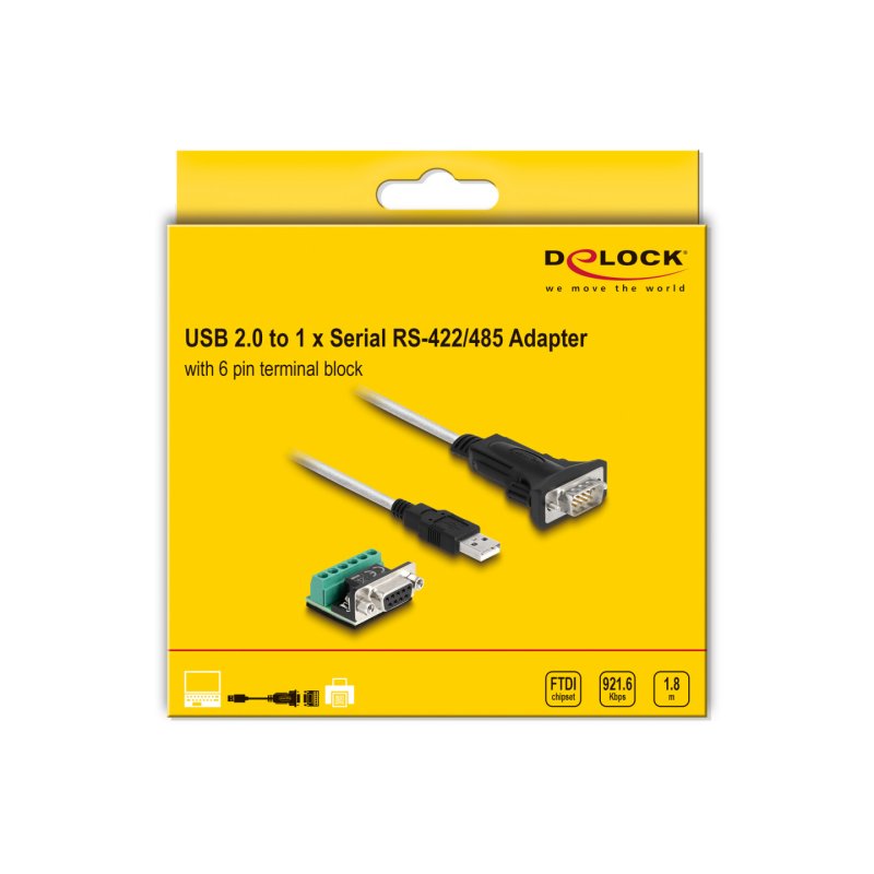 DeLOCK Adaptateur USB 2.0 Type-A vers 1 x Serial RS-422/485 mâle avec bornier à 6 broches, 5V, 1,8 m