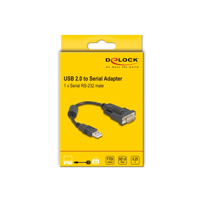 Delock Adapter USB 2.0 Typ-A zu 1 x Seriell RS-232 D-Sub 9 Pin Stecker mit Ferritkern 0,25 m