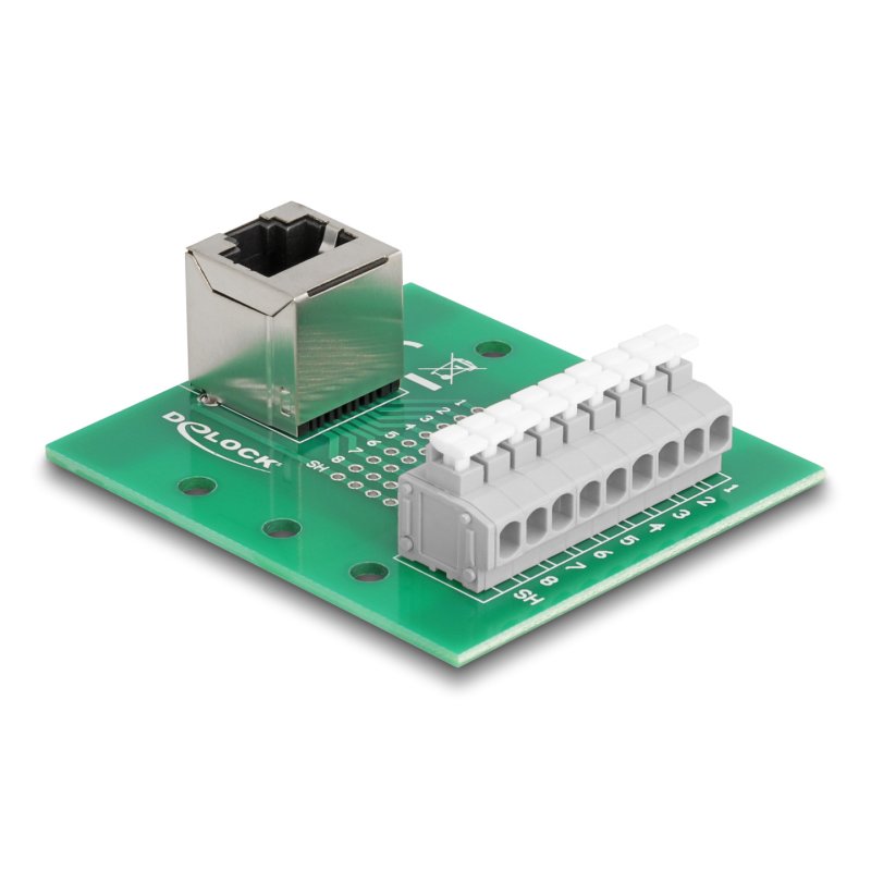 Delock RJ45 Buchse zu Terminalblock mit Drucktaster für Hutschiene gewinkelt