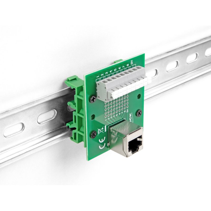 DeLOCK RJ45 female to Terminal Block with push-button for DIN rail angled